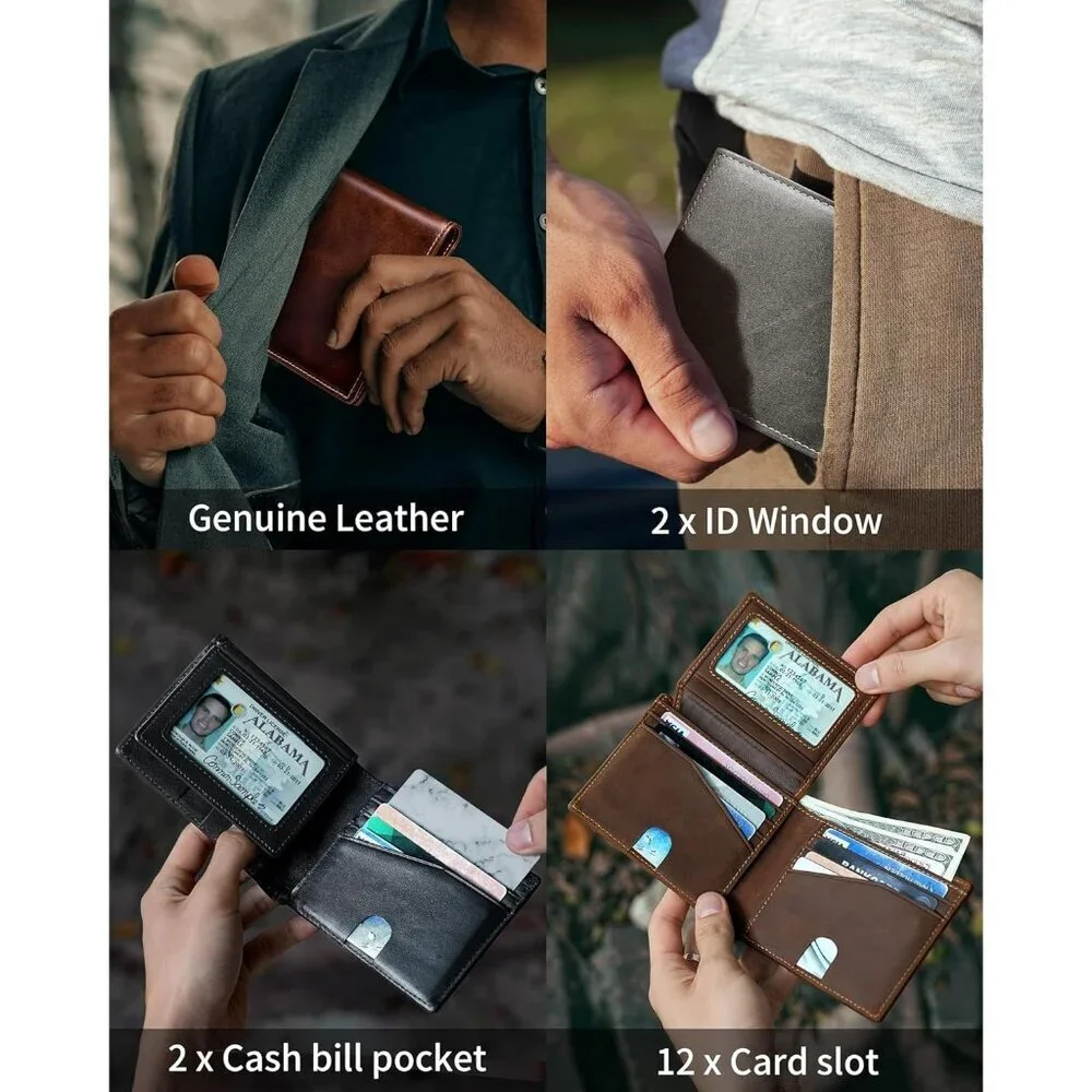 Men's Classic Bifold Wallet Card Black Style Genuine Leather 2 Cash Pockets